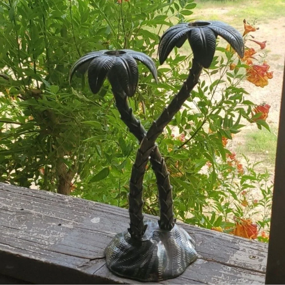 Vintage Godinger Silver Plate Candle Holder Twin Palm Trees